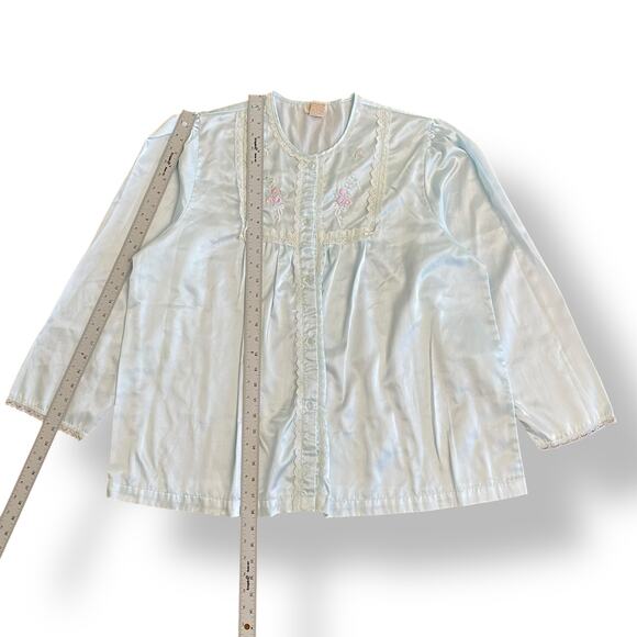 Vintage Barbizon Cuddleskin Pajama Set XL Blue Satin Lace Floral Embroidered‎ - Picture 5 of 16
